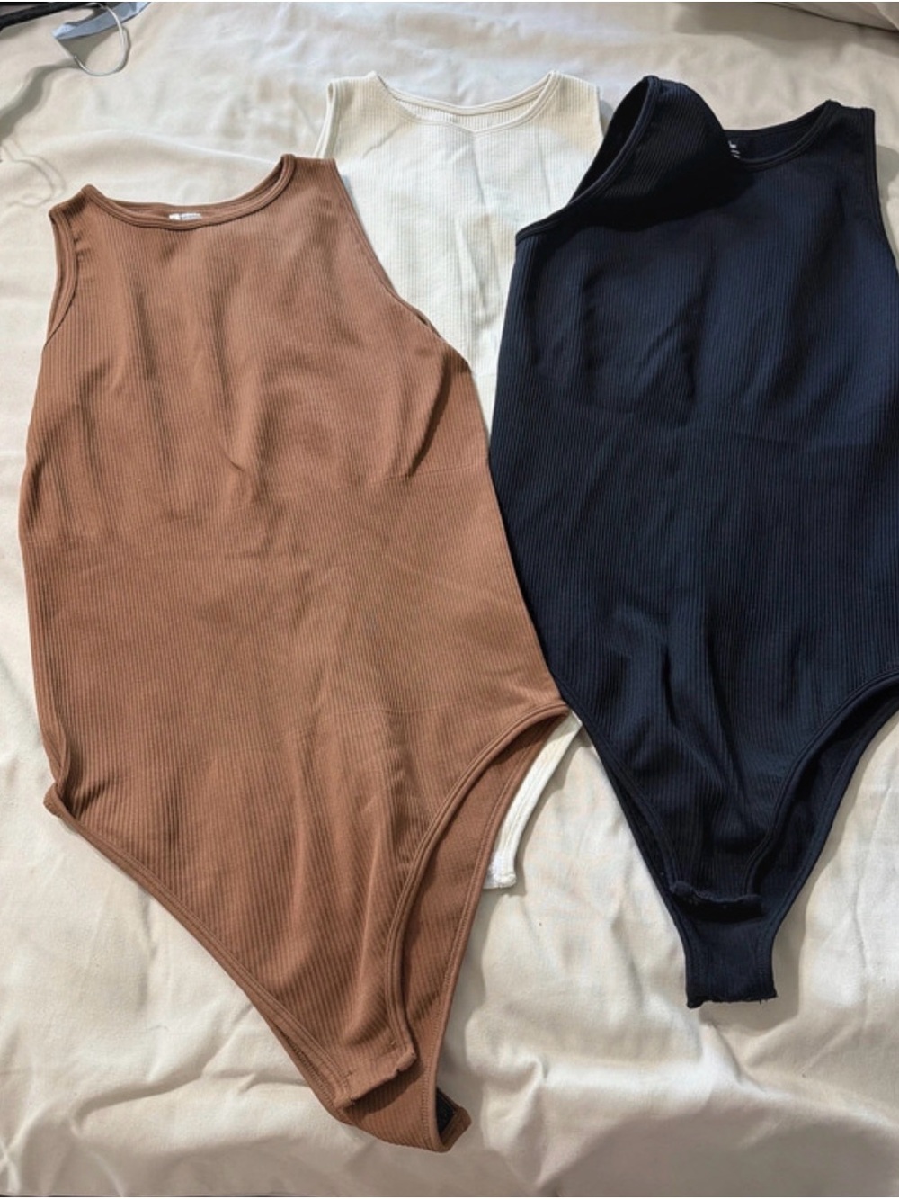 Ribbed Sleeveless Bodysuit - Brown, Black, Cream